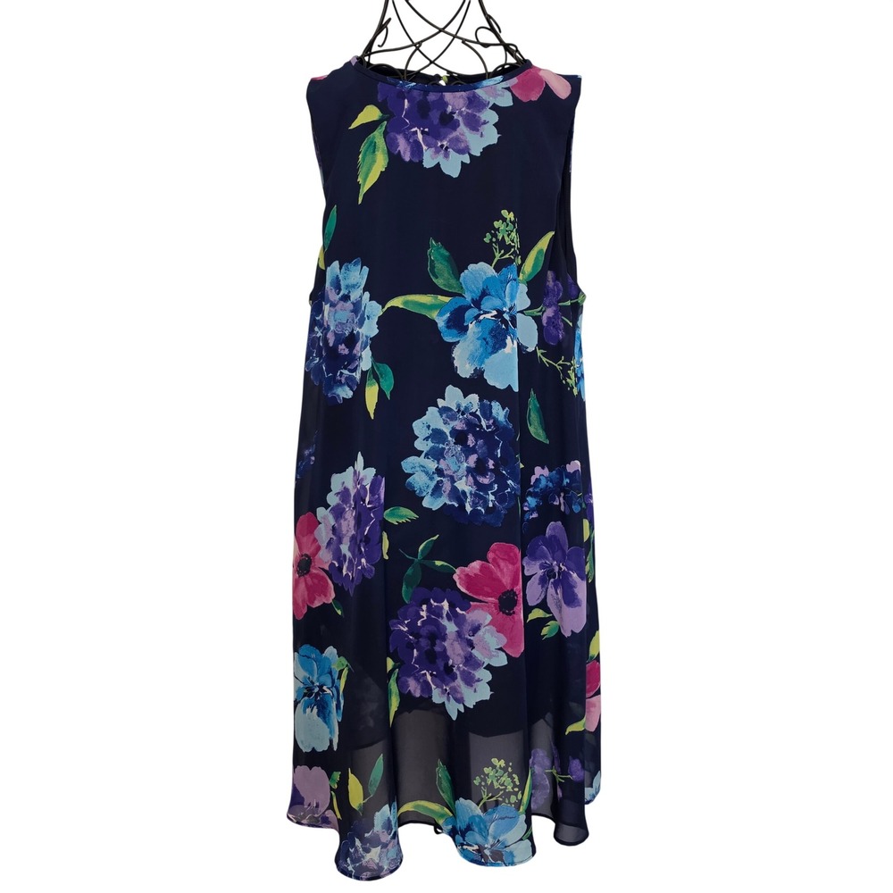 Jessica Howard Floral Print Sleeveless Navy Blue Chiffon Shift Dress Size 12
